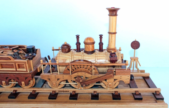 Close up of the engine on the 1835 Locomotive woodworking plan