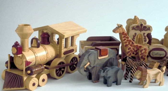 Assorted hardwoods add to the fun look of the train and animals