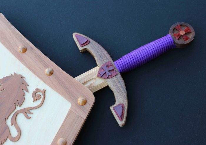 Close view of sword handle from our woodworking project