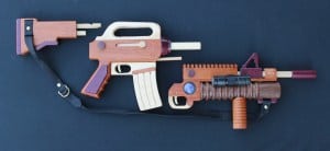 Three parts of the take-apart toy military weapon woodworking plan