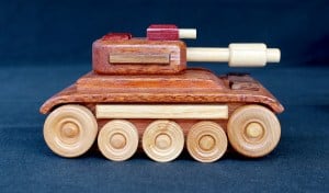 Woodworking plans for many vehicles including a wood tank with a revolving turret