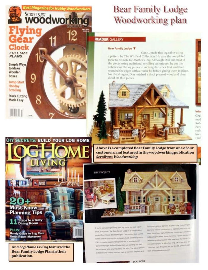 Two magazines featuring the Bear Family Lodge woodworking plan